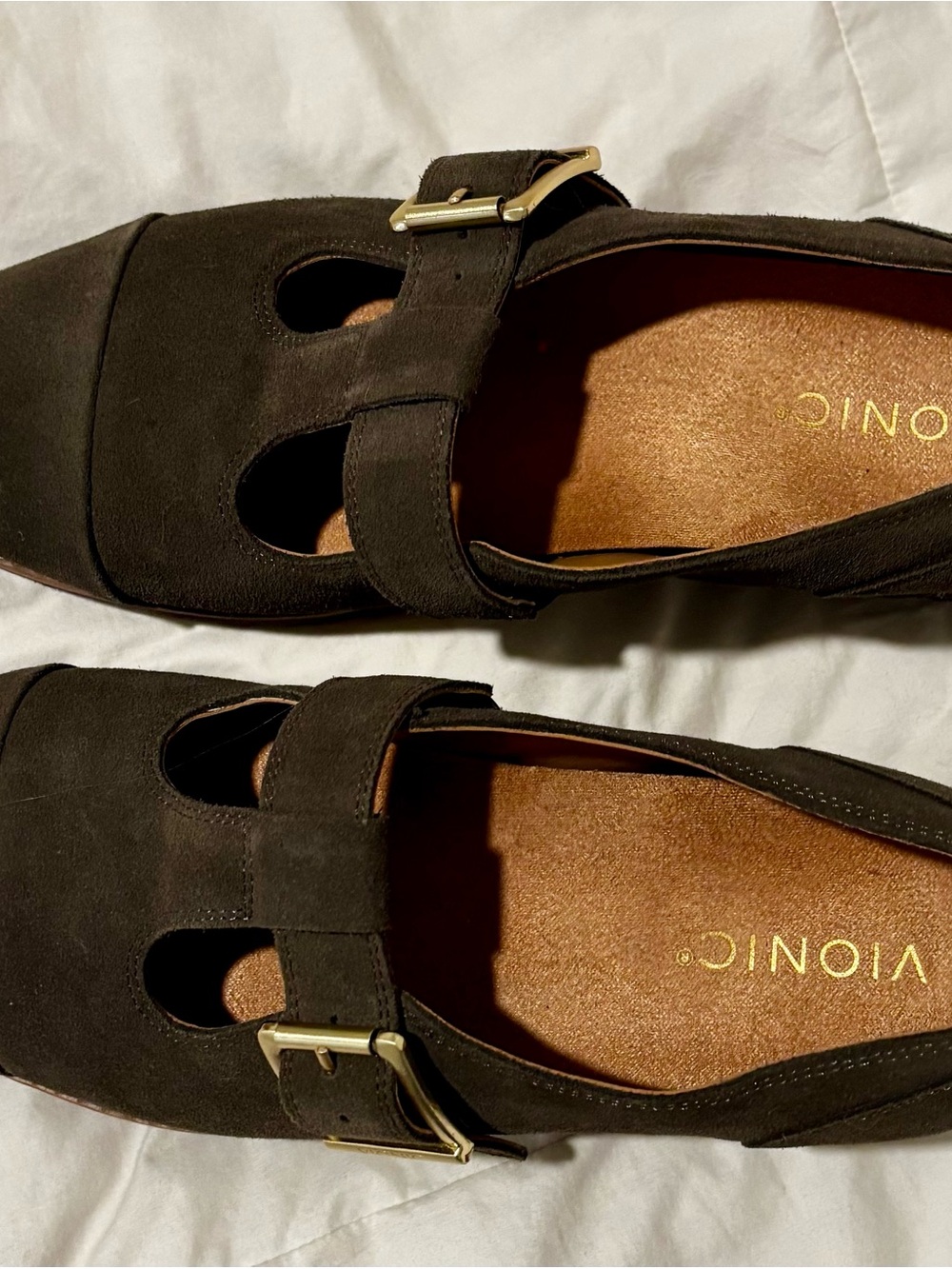 New Vionic Women's Dark Brown Suede Buckle Lug Loafers - Picture 2 of 5